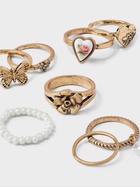Gold-Tone Stackable Women's Rings Set with Pink Heart Accent